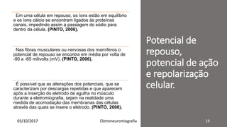Potencial de
repouso,
potencial de ação
e repolarização
celular.
Em uma célula em repouso, os íons estão em equilíbrio
e os íons cálcio se encontram ligados às proteínas
canais, impedindo assim a passagem do sódio para
dentro da célula. (PINTO, 2006).
Nas fibras musculares ou nervosas dos mamíferos o
potencial de repouso se encontra em média por volta de
-90 a -85 milivolts (mV). (PINTO, 2006).
É possível que as alterações dos potenciais, que se
caracterizam por descargas repetidas e que aparecem
após a inserção do eletrodo de agulha no músculo
durante a eletromiografia, sejam na realidade uma
medida de acomodação das membranas das células
através das quais se insere o eletrodo. (PINTO, 2006).
03/10/2017 Eletroneuromiografia 19
 