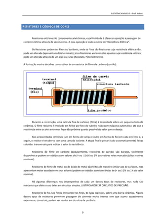 ELETRÔNICA BÁSICA 1 – Prof. Kobori.
9
RESISTORES E CÓDIGOS DE CORES
Resistores elétricos são componentes eletrônicos, cuja finalidade é oferecer oposição à passagem de
corrente elétrica através de seu material. A essa oposição é dado o nome de "Resistência Elétrica".
Os Resistores podem ser Fixos ou Variáveis, onde os Fixos são Resistores cuja resistência elétrica não
pode ser alterada (apresentam dois terminais), já os Resistores Variáveis são aqueles cuja resistência elétrica
pode ser alterada através de um eixo ou curso (Reostato, Potenciômetro).
A ilustração mostra detalhes construtivos de um resistor de filme de carbono (carvão):
Durante a construção, uma película fina de carbono (filme) é depositada sobre um pequeno tubo de
cerâmica. O filme resistivo é enrolado em hélice por fora do tubinho tudo com máquina automática até que a
resistência entre os dois extremos fique tão próxima quanto possível do valor que se deseja.
São acrescentados terminais (um em forma de tampa e outro em forma de fio) em cada extremo e, a
seguir, o resistor é recoberto com uma camada isolante. A etapa final é pintar (tudo automaticamente) faixas
coloridas transversais para indicar o valor da resistência.
Resistores de filme de carbono (popularmente, resistores de carvão) são baratos, facilmente
disponíveis e podem ser obtidos com valores de (+ ou -) 10% ou 5% dos valores neles marcados (ditos valores
nominais).
Resistores de filme de metal ou de óxido de metal são feitos de maneira similar aos de carbono, mas
apresentam maior acuidade em seus valores (podem ser obtidos com tolerâncias de (+ ou-) 2% ou 1% do valor
nominal).
Há algumas diferenças nos desempenhos de cada um desses tipos de resistores, mas nada tão
marcante que afete o uso deles em circuitos simples, JUSTIFICANDO EM CIRCUITOS DE PRECISÃO.
Resistores de fio, são feitos enrolando fios finos, de ligas especiais, sobre uma barra cerâmica. Alguns
desses tipos de resistores permitem passagem de corrente muito intensa sem que ocorra aquecimento
excessivo e, como tais, podem ser usados em circuitos de potência.
 