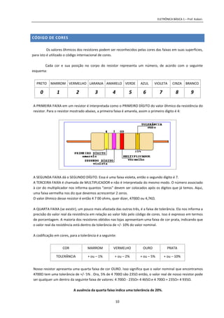 ELETRÔNICA BÁSICA 1 – Prof. Kobori.
10
CÓDIGO DE CORES
Os valores ôhmicos dos resistores podem ser reconhecidos pelas cores das faixas em suas superfícies,
para isto é utilizado o código internacional de cores.
Cada cor e sua posição no corpo do resistor representa um número, de acordo com o seguinte
esquema:
PRETO MARROM VERMELHO LARANJA AMARELO VERDE AZUL VIOLETA CINZA BRANCO
0 1 2 3 4 5 6 7 8 9
A PRIMEIRA FAIXA em um resistor é interpretada como o PRIMEIRO DÍGITO do valor ôhmico da resistência do
resistor. Para o resistor mostrado abaixo, a primeira faixa é amarela, assim o primeiro dígito é 4:
A SEGUNDA FAIXA dá o SEGUNDO DÍGITO. Essa é uma faixa violeta, então o segundo dígito é 7.
A TERCEIRA FAIXA é chamada de MULTIPLICADOR e não é interpretada do mesmo modo. O número associado
à cor do multiplicador nos informa quantos "zeros" devem ser colocados após os dígitos que já temos. Aqui,
uma faixa vermelha nos diz que devemos acrescentar 2 zeros.
O valor ôhmico desse resistor é então 4 7 00 ohms, quer dizer, 4700Ω ou 4,7KΩ.
A QUARTA FAIXA (se existir), um pouco mais afastada das outras três, é a faixa de tolerância. Ela nos informa a
precisão do valor real da resistência em relação ao valor lido pelo código de cores. Isso é expresso em termos
de porcentagem. A maioria dos resistores obtidos nas lojas apresentam uma faixa de cor prata, indicando que
o valor real da resistência está dentro da tolerância de +/- 10% do valor nominal.
A codificação em cores, para a tolerância é a seguinte:
COR MARROM VERMELHO OURO PRATA
TOLERÂNCIA + ou – 1% + ou – 2% + ou – 5% + ou – 10%
Nosso resistor apresenta uma quarta faixa de cor OURO. Isso significa que o valor nominal que encontramos
4700Ω tem uma tolerância de +/- 5% . Ora, 5% de 4 700Ω são 235Ω então, o valor real de nosso resistor pode
ser qualquer um dentro da seguinte faixa de valores: 4 700Ω - 235Ω= 4 465Ω e 4 700Ω + 235Ω= 4 935Ω.
A ausência da quarta faixa indica uma tolerância de 20%.
 