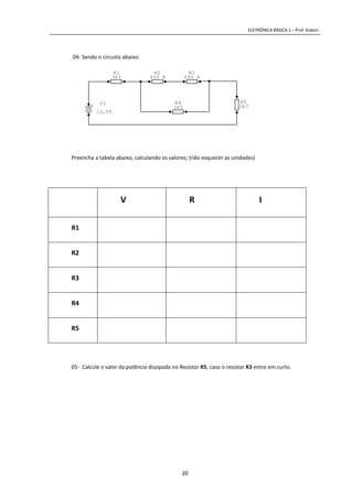 ELETRÔNICA BÁSICA 1 – Prof. Kobori.
20
04- Sendo o circuito abaixo:
Preencha a tabela abaixo, calculando os valores; (não esquecer as unidades)
V R I
R1
R2
R3
R4
R5
05- Calcule o valor da potência dissipada no Resistor R5, caso o resistor R3 entre em curto.
+ V1
13,5V
R5
2k7
R4
1k5
R3
680 R
R2
820 R
R1
3k3
 