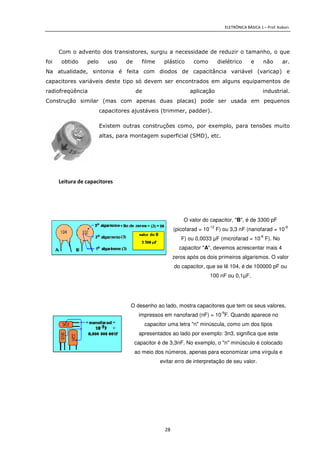 ELETRÔNICA BÁSICA 1 – Prof. Kobori.
28
Com o advento dos transistores, surgiu a necessidade de reduzir o tamanho, o que
foi obtido pelo uso de filme plástico como dielétrico e não ar.
Na atualidade, sintonia é feita com diodos de capacitância variável (varicap) e
capacitores variáveis deste tipo só devem ser encontrados em alguns equipamentos de
radiofreqüência de aplicação industrial.
Construção similar (mas com apenas duas placas) pode ser usada em pequenos
capacitores ajustáveis (trimmer, padder).
Existem outras construções como, por exemplo, para tensões muito
altas, para montagem superficial (SMD), etc.
Leitura de capacitores
O valor do capacitor, "B", é de 3300 pF
(picofarad = 10
-12
F) ou 3,3 nF (nanofarad = 10
-9
F) ou 0,0033 µF (microfarad = 10
-6
F). No
capacitor "A", devemos acrescentar mais 4
zeros após os dois primeiros algarismos. O valor
do capacitor, que se lê 104, é de 100000 pF ou
100 nF ou 0,1µF.
O desenho ao lado, mostra capacitores que tem os seus valores,
impressos em nanofarad (nF) = 10
-9
F. Quando aparece no
capacitor uma letra "n" minúscula, como um dos tipos
apresentados ao lado por exemplo: 3n3, significa que este
capacitor é de 3,3nF. No exemplo, o "n" minúsculo é colocado
ao meio dos números, apenas para economizar uma vírgula e
evitar erro de interpretação de seu valor.
 