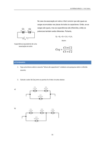 ELETRÔNICA BÁSICA 1 – Prof. Kobori.
31
Capacitância equivalente de uma
associação em série
No caso da associação em série, é fácil concluir que são iguais as
cargas acumuladas nas placas de todos os capacitores. Então, se as
cargas são iguais, mas as capacitâncias são diferentes, então os
potenciais também serão diferentes. Portanto,
Q1 = Q2 = Q = C1V1 = C2V2
Assim:
21
21
CC
CC
Ceq
+
×
=
ATIVIDADES:
1. Faça uma leitura sobre o assunto “leitura de capacitores” e elabore uma pesquisa sobre o referido
assunto.
2. Calcule o valor do Ceq entre os pontos A e B dos circuitos abaixo:
a)
b)
C3
900nF
C2
40uF
C1
10uF
A
C3
900nF
C2
40uF
C1
10uF
C4
10uF
A
 