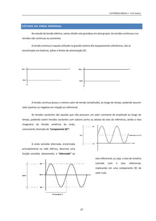 ELETRÔNICA BÁSICA 1 – Prof. Kobori.
37
ESTUDO DA ONDA SENOIDAL
No estudo da tensão elétrica, vamos dividir esta grandeza em dois grupos: As tensões continuas e as
tensões não continuas ou oscilantes.
A tensão continua é aquela utilizada na grande maioria dos equipamentos eletrônicos, são as
encontradas em baterias, pilhas e fontes de alimentação DC.
A tensão contínua possui o mesmo valor de tensão (amplitude), ao longo do tempo, podendo assumir
valor positivo ou negativo em relação ao referencial.
As tensões oscilantes são aquelas que não possuem um valor constante de amplitude ao longo do
tempo, podendo existir tensões oscilantes com valores acima ou abaixo do eixo da referencia, sendo o eixo
imaginário de divisão simétrica da onda,
comumente chamado de “componente DC”.
A onda senoidal alternada, encontrada
principalmente na rede elétrica, descreve uma
função senoidal, obviamente, e “alternada” ao
eixo referencial, ou seja, o eixo de simetria
coincide com o eixo referencial,
implicando em uma componente DC de
valor nulo.
 