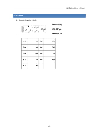 ELETRÔNICA BÁSICA 1 – Prof. Kobori.
41
EXERCÍCIOS:
1. Sendo trafo abaixo, calcule:
N RS= 15000esp
V RS= 127 Vac
N XY= 1500 esp
V xy Vac V yz Vpp
Vxy Vp V xz Vac
Vxy Vpp V xz Vp
V yz Vac V xz Vpp
V yz Vp
 