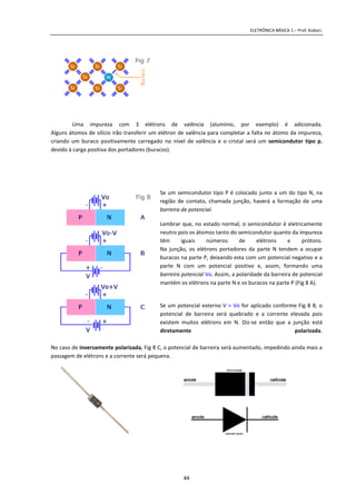 ELETRÔNICA BÁSICA 1 – Prof. Kobori.
44
Uma impureza com 3 elétrons de valência (alumínio, por exemplo) é adicionada.
Alguns átomos de silício irão transferir um elétron de valência para completar a falta no átomo da impureza,
criando um buraco positivamente carregado no nível de valência e o cristal será um semicondutor tipo p,
devido à carga positiva dos portadores (buracos).
Se um semicondutor tipo P é colocado junto a um do tipo N, na
região de contato, chamada junção, haverá a formação de uma
barreira de potencial.
Lembrar que, no estado normal, o semicondutor é eletricamente
neutro pois os átomos tanto do semicondutor quanto da impureza
têm iguais números de elétrons e prótons.
Na junção, os elétrons portadores da parte N tendem a ocupar
buracos na parte P, deixando esta com um potencial negativo e a
parte N com um potencial positivo e, assim, formando uma
barreira potencial Vo. Assim, a polaridade da barreira de potencial
mantém os elétrons na parte N e os buracos na parte P (Fig 8 A).
Se um potencial externo V > Vo for aplicado conforme Fig 8 B, o
potencial de barreira será quebrado e a corrente elevada pois
existem muitos elétrons em N. Diz-se então que a junção está
diretamente polarizada.
No caso de inversamente polarizada, Fig 8 C, o potencial de barreira será aumentado, impedindo ainda mais a
passagem de elétrons e a corrente será pequena.
 