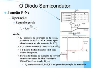 O Diodo Semicondutor
 Junção P-N:
– Operação:
 Equação geral:
onde:
• IS – corrente de saturação ou de escala,
da ordem de 10-15 ~ 10-9 A (dobra apro-
ximadamente a cada aumento de 5°C);
• VT – tensão térmica  26 mV a 25°C (kT/q);
• n  2 para diodos discretos e  1 para
diodos integrados.
• Para cada década de aumento de corrente,
aumento de cerca de 60 mV (n=1) ou
120 mV (n=2) na tensão direta;
• VD entre cerca de 0,6 e 0,8 V na gama de operação de um diodo.
)
1
( 
  T
D
V
n
V
S
D e
I
I
 