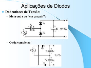 Aplicações de Diodos
 Dobradores de Tensão:
– Meia onda ou “em cascata”:
– Onda completa:
 