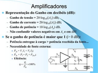 Amplificadores
 Representação do Ganho em decibéis (dB):
– Ganho de tensão = 20log10(|Av|) dB;
– Ganho de corrente = 20log10(|Ai|) dB;
– Ganho de potência = 10log10(Ap) dB.
– Não confundir valores negativos em Ax e em dB!
 Se o ganho de potência é maior que 1 (> 0 dB):
– Potência entregue à carga > potência recebida da fonte...
– Necessidade de fonte externa:
 Pdc = V1 I1 + V2 I2;
 Pdc + PI = PL + Pdiss;
 Eficiência:
%
100


dc
L
P
P

 