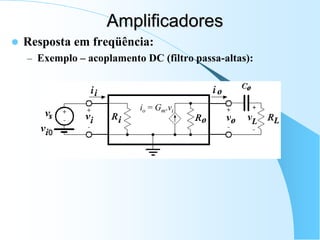 Amplificadores
 Resposta em freqüência:
– Exemplo – acoplamento DC (filtro passa-altas):
io = Gm.vi
 