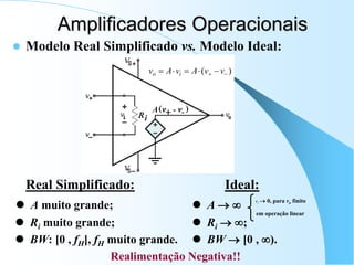  Modelo Real Simplificado vs. Modelo Ideal:
Real Simplificado: Ideal:
 A muito grande;  A  
 Ri muito grande;  Ri  ;
 BW: [0 , fH], fH muito grande.  BW  [0 , ).
Realimentação Negativa!!
Amplificadores Operacionais
)
( 
 



 v
v
A
v
A
v i
o
vi  0, para vo finito
em operação linear
 