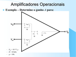  Exemplo – Determine o ganho A para:
– Gm = 10 mA/V;
– R = 10 k;
–  = 100.
Amplificadores Operacionais
 