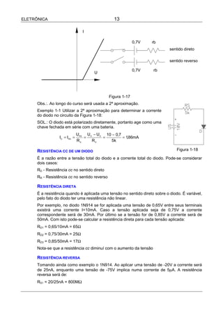ELETRÔNICA                                       13

                                  I

                                                             0,7V   rb
                                                                             sentido direto

                                                                             sentido reverso

                                                             0,7V    rb
                                       U




                                               Figura 1-17
      Obs.:. Ao longo do curso será usada a 2ª aproximação.
      Exemplo 1-1 Utilizar a 2ª aproximação para determinar a corrente
      do diodo no circuito da Figura 1-18:
      SOL.: O diodo está polarizado diretamente, portanto age como uma
      chave fechada em série com uma bateria.
                               URS U S − UD 10 − 0,7
                  ID = IRS =      =        =         = 186mA
                                                        ,
                               RS     RS      5k

      RESISTÊNCIA CC DE UM DIODO                                                 Figura 1-18

      É a razão entre a tensão total do diodo e a corrente total do diodo. Pode-se considerar
      dois casos:
      RD - Resistência cc no sentido direto
      RR - Resistência cc no sentido reverso

      RESISTÊNCIA DIRETA
      É a resistência quando é aplicada uma tensão no sentido direto sobre o diodo. É variável,
      pelo fato do diodo ter uma resistência não linear.
      Por exemplo, no diodo 1N914 se for aplicada uma tensão de 0,65V entre seus terminais
      existirá uma corrente I=10mA. Caso a tensão aplicada seja de 0,75V a corrente
      correspondente será de 30mA. Por último se a tensão for de 0,85V a corrente será de
      50mA. Com isto pode-se calcular a resistência direta para cada tensão aplicada:
      RD1 = 0,65/10mA = 65Ω
      RD2 = 0,75/30mA = 25Ω
      RD3 = 0,85/50mA = 17Ω
      Nota-se que a resistência cc diminuí com o aumento da tensão

      RESISTÊNCIA REVERSA
      Tomando ainda como exemplo o 1N914. Ao aplicar uma tensão de -20V a corrente será
      de 25nA, enquanto uma tensão de -75V implica numa corrente de 5µA. A resistência
      reversa será de:
      RS1 = 20/25nA = 800MΩ
 