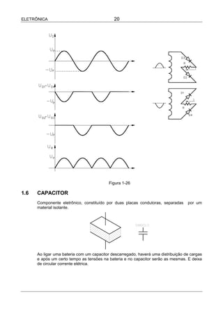 ELETRÔNICA                                   20




                                           Figura 1-26

1.6   CAPACITOR
      Componente eletrônico, constituído por duas placas condutoras, separadas     por um
      material isolante.




      Ao ligar uma bateria com um capacitor descarregado, haverá uma distribuição de cargas
      e após um certo tempo as tensões na bateria e no capacitor serão as mesmas. E deixa
      de circular corrente elétrica.
 