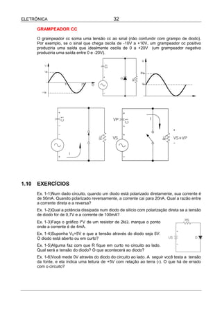ELETRÔNICA                                      32

       GRAMPEADOR CC

       O grampeador cc soma uma tensão cc ao sinal (não confundir com grampo de diodo).
       Por exemplo, se o sinal que chega oscila de -10V a +10V, um grampeador cc positivo
       produziria uma saída que idealmente oscila de 0 a +20V (um grampeador negativo
       produziria uma saída entre 0 e -20V).




1.10   EXERCÍCIOS
       Ex. 1-1)Num dado circuito, quando um diodo está polarizado diretamente, sua corrente é
       de 50mA. Quando polarizado reversamente, a corrente cai para 20nA. Qual a razão entre
       a corrente direta e a reversa?
       Ex. 1-2)Qual a potência dissipada num diodo de silício com polarização direta se a tensão
       de diodo for de 0,7V e a corrente de 100mA?
       Ex. 1-3)Faça o gráfico I*V de um resistor de 2kΩ. marque o ponto
       onde a corrente é de 4mA.
       Ex. 1-4)Suponha VS=5V e que a tensão através do diodo seja 5V.
       O diodo está aberto ou em curto?
       Ex. 1-5)Alguma faz com que R fique em curto no circuito ao lado.
       Qual será a tensão do diodo? O que acontecerá ao diodo?
       Ex. 1-6)Você mede 0V através do diodo do circuito ao lado. A seguir você testa a tensão
       da fonte, e ela indica uma leitura de +5V com relação ao terra (-). O que há de errado
       com o circuito?
 