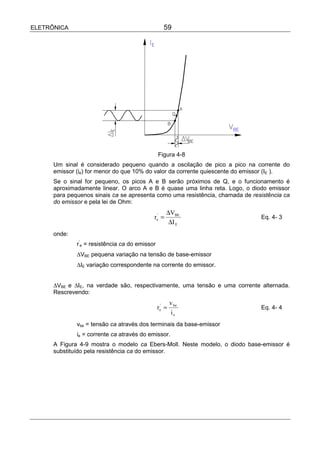 ELETRÔNICA                                         59




                                                Figura 4-8
      Um sinal é considerado pequeno quando a oscilação de pico a pico na corrente do
      emissor (ie) for menor do que 10% do valor da corrente quiescente do emissor (IE ).
      Se o sinal for pequeno, os picos A e B serão próximos de Q, e o funcionamento é
      aproximadamente linear. O arco A e B é quase uma linha reta. Logo, o diodo emissor
      para pequenos sinais ca se apresenta como uma resistência, chamada de resistência ca
      do emissor e pela lei de Ohm:
                                                    ∆VBE
                                            re' =                              Eq. 4- 3
                                                     ∆I E
      onde:
              r’e = resistência ca do emissor
              ∆VBE pequena variação na tensão de base-emissor
              ∆IE variação correspondente na corrente do emissor.


      ∆VBE e ∆IE, na verdade são, respectivamente, uma tensão e uma corrente alternada.
      Rescrevendo:
                                                        v be
                                                re' =                          Eq. 4- 4
                                                        ie
              vbe = tensão ca através dos terminais da base-emissor
              ie = corrente ca através do emissor.
      A Figura 4-9 mostra o modelo ca Ebers-Moll. Neste modelo, o diodo base-emissor é
      substituído pela resistência ca do emissor.
 