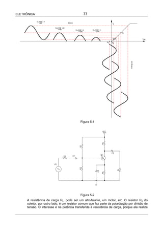 ELETRÔNICA                                     77




                                            Figura 5-1




                                            Figura 5-2
      A resistência de carga RL, pode ser um alto-falante, um motor, etc. O resistor RC do
      coletor, por outro lado, é um resistor comum que faz parte da polarização por divisão de
      tensão. O interesse é na potência transferida à resistência de carga, porque ela realiza
 