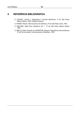 ELETRÔNICA                                   96



8     REFERÊNCIA BIBLIOGRÁFICA

       " CATHEY, Jimmie J. Dispositivos e circuitos eletrônicos, 1ª ed. São Paulo,
         Makron Books, 1994. (coleção Schaum)
       " HONDA, Renato. 850 exercícios de eletrônica, 3ª ed. São Paulo, Érica, 1991.
       " MALVINO, Albert Paul. Eletrônica Vol. I, 4ª ed. São Paulo, Makron Books,
         1997.
       " MELLO, Hilton Andrade de; INTRATOR, Edmond. Dispositivos semicondutores,
         3ª ed. Rio de Janeiro, Livros técnicos e Científicos, 1978.
 