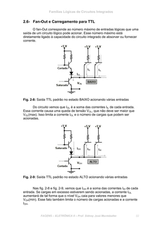 Famílias Lógicas de Circuitos Integrados
FACENS – ELETRÔNICA II – Prof. Sidney José Montebeller 22
2.6- Fan-Out e Carregamento para TTL
O fan-Out corresponde ao número máximo de entradas lógicas que uma
saída de um circuito lógico pode acionar. Esse número máximo está
diretamente ligado à capacidade do circuito integrado de absorver ou fornecer
corrente.
Fig. 2-8: Saída TTL padrão no estado BAIXO acionando várias entradas
Do circuito vemos que IOL é a soma das correntes IIL de cada entrada.
Essa corrente causa uma queda de tensão VOL, que não deve ser maior que
VOL(max). Isso limita a corrente IOL e o número de cargas que podem ser
acionadas.
Fig. 2-9: Saída TTL padrão no estado ALTO acionando várias entradas
Nas fig. 2-8 e fig. 2-9, vemos que IOH é a soma das correntes IIH de cada
entrada. Se cargas em excesso estiverem sendo acionadas, a corrente IOL
aumentará de tal forma que o nível VOH caia para valores menores que
VOH(min). Esse fato também limita o número de cargas acionadas e a corrente
IOH.
 