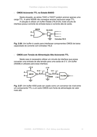 Famílias Lógicas de Circuitos Integrados
FACENS – ELETRÔNICA II – Prof. Sidney José Montebeller 39
- CMOS Acionando TTL no Estado BAIXO
Nesta situação, as séries 74HC e 74HCT podem acionar apenas uma
carga TTL. A série 4000B não consegue acionar nenhuma carga TTL.
A solução é utilizar um buffer tristate (74LS125). Este circuito de
interface possui corrente de entrada baixa e corrente alta de saída.
Fig. 2-26: Um buffer é usado para interfacear componentes CMOS de baixa
capacidade de corrente com entradas 74LS
- CMOS com Tensão de Alimentação Alta Acionando TTL
Neste caso é necessário utilizar um circuito de interface que possa
converter uma entrada de alta tensão para uma saída de 5 V. Um buffer
(4050B) é utilizado para essa interface.
Fig. 2-27: Um buffer 4050 pode ser usado como um conversor de nível entre
um componente TTL e um outro CMOS com fonte de alimentação de valor
mais alto
 