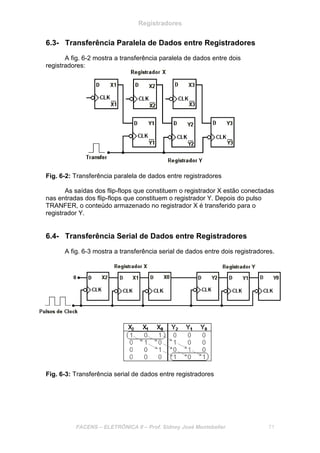 Registradores
FACENS – ELETRÔNICA II – Prof. Sidney José Montebeller 71
6.3- Transferência Paralela de Dados entre Registradores
A fig. 6-2 mostra a transferência paralela de dados entre dois
registradores:
Fig. 6-2: Transferência paralela de dados entre registradores
As saídas dos flip-flops que constituem o registrador X estão conectadas
nas entradas dos flip-flops que constituem o registrador Y. Depois do pulso
TRANFER, o conteúdo armazenado no registrador X é transferido para o
registrador Y.
6.4- Transferência Serial de Dados entre Registradores
A fig. 6-3 mostra a transferência serial de dados entre dois registradores.
Fig. 6-3: Transferência serial de dados entre registradores
 