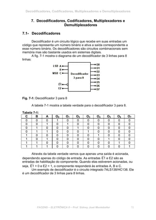 Decodificadores, Codificadores, Multiplexadores e Demultiplexadores
FACENS – ELETRÔNICA II – Prof. Sidney José Montebeller 75
7. Decodificadores, Codificadores, Multiplexadores e
Demultiplexadores
7.1- Decodificadores
Decodificador é um circuito lógico que recebe em suas entradas um
código que representa um número binário e ativa a saída correspondente a
esse número binário. Os decodificadores são circuitos combinacionais sem
memória mas são bastante usados em sistemas digitais.
A fig. 7-1 mostra o diagrama de um decodificador de 3 linhas para 8
linhas:
Fig. 7-1: Decodificador 3 para 8
A tabela 7-1 mostra a tabela verdade para o decodificador 3 para 8.
Tabela 7-1:
C B A O0 O1 O2 O3 O4 O5 O6 O7
0 0 0 1 0 0 0 0 0 0 0
0 0 1 0 1 0 0 0 0 0 0
0 1 0 0 0 1 0 0 0 0 0
0 1 1 0 0 0 1 0 0 0 0
1 0 0 0 0 0 0 1 0 0 0
1 0 1 0 0 0 0 0 1 0 0
1 1 0 0 0 0 0 0 0 1 0
1 1 1 0 0 0 0 0 0 0 1
Através da tabela verdade vemos que apenas uma saída é acionada,
dependendo apenas do código de entrada. As entradas E1 e E2 são as
entradas de habilitação do componente. Quando elas estiverem acionadas, ou
seja, E1 = 0 e E2 = 1, o componente responderá às entradas A, B e C.
Um exemplo de decodificador é o circuito integrado 74LS138/HC138. Ele
é um decodificador de 3 linhas para 8 linhas.
 