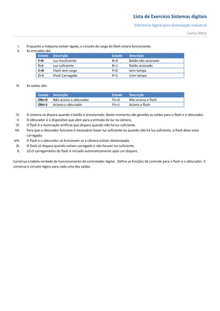 Lista de Exercício Sistemas digitais
                                                                               Eletrônica digital para Automação Industrial
                                                                                                                  Carlos Melo


   I.   Enquanto a máquina estiver ligada, o circuito de carga do flash estará funcionando.
  II.   As entradas são:
               Estado Descrição                                  Estado      Descrição
               F=0       Luz insuficiente                        B=0         Botão não acionado
               F=1       Luz suficiente                          B=1         Botão acionado
               C=0       Flash sem carga                         P=0         Sem tampa
               C=1       Flash Carregado                         P=1         Com tampa

 III.   As saídas são:

                Estado    Descrição                              Estado     Descrição
                Obt=0     Não aciona o obturador                 Fls=0      Não aciona o flash
                Obt=1     Aciona o obturador                     Fls=1      Aciona o flash

 IV.    O sistema só dispara quando o botão é pressionado. Neste momento são geradas as saídas para o flash e o obturador.
  V.    O obturador é o dispositivo que abre para a entrada de luz na câmera.
 VI.    O flash é a iluminação artificial que dispara quando não há luz suficiente.
 VII.   Para que o obturador funcione é necessário haver luz suficiente ou quando não há luz suficiente, o flash deve estar
        carregado.
VIII.   O flash e o obturador só funcionam se a câmera estiver destampada.
 IX.    O flash só dispara quando estiver carregado e não houver luz suficiente.
  X.    10.O carregamento do flash é iniciado automaticamente após um disparo.

Construa a tabela verdade de funcionamento do controlador digital . Defina as funções de controle para o flash e o obturador. E
construa o circuito lógico para cada uma das saídas.
 