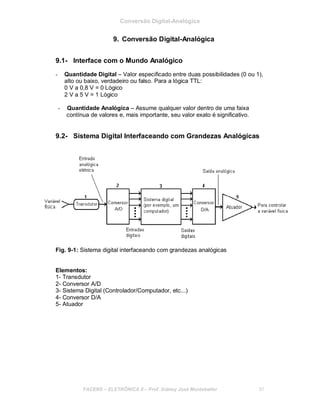 Conversão Digital-Analógica
9. Conversão Digital-Analógica
9.1- Interface com o Mundo Analógico
- Quantidade Digital – Valor especificado entre duas possibilidades (0 ou 1),
alto ou baixo, verdadeiro ou falso. Para a lógica TTL:
0 V a 0,8 V = 0 Lógico
2 V a 5 V = 1 Lógico
- Quantidade Analógica – Assume qualquer valor dentro de uma faixa
contínua de valores e, mais importante, seu valor exato é significativo.
9.2- Sistema Digital Interfaceando com Grandezas Analógicas
Fig. 9-1: Sistema digital interfaceando com grandezas analógicas
Elementos:
1- Transdutor
2- Conversor A/D
3- Sistema Digital (Controlador/Computador, etc...)
4- Conversor D/A
5- Atuador
FACENS ELETRÔNICA II Prof. Sidney José Montebeller 97
 