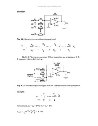 Conversão Digital-Analógica
Somador
Fig. 9-6: Somador com amplificador operacional
        
V 
R
0  
R
0  
R
0  ... 
R
0  * V 
=
OUT
 R

* V +
 
* V +
 
* V + +
  n 
 1  
1 R
2  
2 R
3 
3

R
n 
Na fig. 9-7 temos um conversor D/A de quatro bits. As entradas A, B, C,
D possuem valores de 0 ou 5 V.
Fig. 9-7: Conversor digital-analógico de 4 bits usando amplificador operacional
Equação :
V V 
= 
V

V + C + B +
VA 

OUT D
 2 84 
Por exemplo, VD = VB = 5 V e VC = VA = 0 V.

V =

5 +
0
+
5
+
0
 = 6,25VOUT
2 4 8 
 