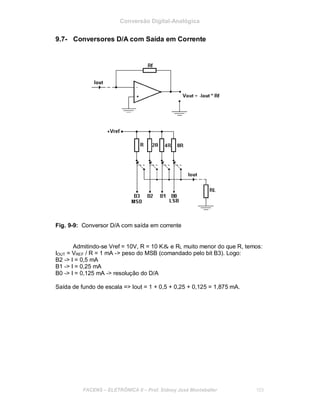 Conversão Digital-Analógica
9.7- Conversores D/A com Saída em Corrente
Fig. 9-9: Conversor D/A com saída em corrente
Admitindo-se Vref = 10V, R = 10 K& e RL muito menor do que R, temos:
IOUT = VREF / R = 1 mA -> peso do MSB (comandado pelo bit B3). Logo:
B2 -> I = 0,5 mA
B1 -> I = 0,25 mA
B0 -> I = 0,125 mA -> resolução do D/A
Saída de fundo de escala => Iout = 1 + 0,5 + 0,25 + 0,125 = 1,875 mA.
FACENS ELETRÔNICA II Prof. Sidney José Montebeller 103
 