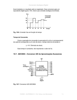 Conversão Analógico-Digital
foram testados e o resultado está no registrador. Esse conversor gera um
equivalente digital igual a 10V, menor que a tensão analógica de entrada.
Fig. 10-6: A tensão Vax em função do tempo
Tempo de Conversão
Como a operação de conversão é executada bit a bit e o processamento
de cada bit corresponde a um ciclo de clock, o tempo total de conversão é:
tc = N * (Período de clock)
Esse tempo é constante, não importando o valor de Va.
10.7- ADC0804 – Conversor A/D de Aproximações Sucessivas
Fig. 10-7: Conversor A/D ADC0804
FACENS ELETRÔNICA II Prof. Sidney José Montebeller 112
 