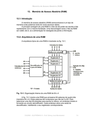 Memória de Acesso Aleatório (RAM)
13. Memória de Acesso Aleatório (RAM)
13.1- Introdução
A memória de acesso aleatório (RAM) semicondutora é um tipo de
memória onde podemos tanto ler como escrever dados.
A principal vantagem de uma RAM é o fato de ela poder ser escrita e lida
rapidamente com a mesma facilidade. Uma desvantagem seria o fato da RAM
ser volátil, isto é, se a alimentação for desligada ela perde a informação.
13.2- Arquitetura de uma RAM
A arquitetura típica de uma RAM é mostrada na fig. 13-1.
Fig. 13-1: Organização Interna de uma RAM de 64 x 4
A fig. 13-1 mostra uma RAM que armazena 64 palavras de quatro bits
(memória 64 x 4). Estas palavras têm endereços que vão de 0 a 63. Para
selecionar uma das 64 posições para escrita ou leitura, um endereço binário é
fornecido ao circuito decodificador. Cada endereço ativa uma saída do
decodificador, habilitando o seu registrador correspondente.
FACENS ELETRÔNICA II Prof. Sidney José Montebeller 126
 