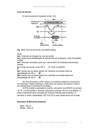 Memória de Acesso Aleatório (RAM)
Ciclo de Escrita
O ciclo de escrita é mostrado na fig. 13-3.
Fig. 13-3: Ciclo de escrita de uma RAM estática
Onde:
twc = intervalo de duração do ciclo de escrita;
tas = tempo para estabilização do barramento de endereços, antes de habilitar
a RAM;
tah = intervalo necessário para que o barramento de endereços permaneça
estável;
tw = tempo de escrita, onde CS e
/R
W ficam em BAIXO;
tds = tempo que os dados devem ser mantidos na entrada antes da
desabilitação de CS e / WR ;
tdh = tempo que os dados devem ser mantidos na entrada depois da
desabilitação de CS e / WR .
No ciclo de escrita, a CPU coloca um endereço estável no barramento
de endereços. Nesse endereço o dado deve ser escrito. Ela coloca o dado a
ser armazenado no barramento de dados.
A CPU sinaliza a operação de escrita, colocando nível BAIXO na entrada
/R W . A CPU habilita a memória colocando a entrada CS em nível BAIXO. O
dado é transferido para a posição de memória indicada pelo endereço. A
memória é, então, desabilitada (CS é ALTO) e suas saídas ficam em tri-state.
Exemplos de Memórias Estáticas
- 6264 – 8K x 8
- 62256 – 32K x 8
FACENS ELETRÔNICA II Prof. Sidney José Montebeller 129
 