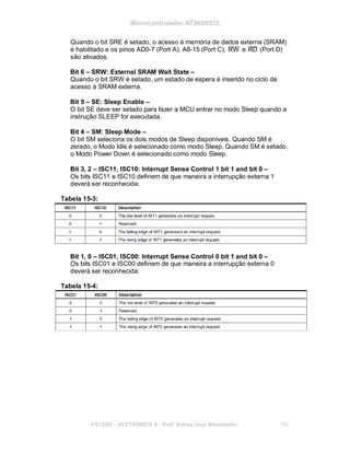 Microcontrolador AT90S8515
Quando o bit SRE é setado, o acesso à memória de dados externa (SRAM)
é habilitado e os pinos AD0-7 (Port A), A8-15 (Port C), RW e RD (Port D)
são ativados.
Bit 6 – SRW: External SRAM Wait State –
Quando o bit SRW é setado, um estado de espera é inserido no ciclo de
acesso à SRAM externa.
Bit 5 – SE: Sleep Enable –
O bit SE deve ser setado para fazer a MCU entrar no modo Sleep quando a
instrução SLEEP for executada.
Bit 4 – SM: Sleep Mode –
O bit SM seleciona os dois modos de Sleep disponíveis. Quando SM é
zerado, o Modo Idle é selecionado como modo Sleep. Quando SM é setado,
o Modo Power Down é selecionado como modo Sleep.
Bit 3, 2 – ISC11, ISC10: Interrupt Sense Control 1 bit 1 and bit 0 –
Os bits ISC11 e ISC10 definem de que maneira a interrupção externa 1
deverá ser reconhecida:
Tabela 15-3:
Bit 1, 0 – ISC01, ISC00: Interrupt Sense Control 0 bit 1 and bit 0 –
Os bits ISC01 e ISC00 definem de que maneira a interrupção externa 0
deverá ser reconhecida:
Tabela 15-4:
FACENS ELETRÔNICA II Prof. Sidney José Montebeller 155
 