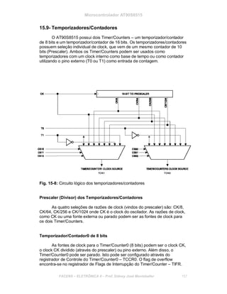 Microcontrolador AT90S8515
15.9- Temporizadores/Contadores
O AT90S8515 possui dois Timer/Counters – um temporizador/contador
de 8 bits e um temporizador/contador de 16 bits. Os temporizadores/contadores
possuem seleção individual de clock, que vem de um mesmo contador de 10
bits (Prescaler). Ambos os Timer/Counters podem ser usados como
temporizadores com um clock interno como base de tempo ou como contador
utilizando o pino externo (T0 ou T1) como entrada de contagem.
Fig. 15-8: Circuito lógico dos temporizadores/contadores
Prescaler (Divisor) dos Temporizadores/Contadores
As quatro seleções de razões de clock (vindos do prescaler) são: CK/8,
CK/64, CK/256 e CK/1024 onde CK é o clock do oscilador. As razões de clock,
como CK ou uma fonte externa ou parado podem ser as fontes de clock para
os dois Timer/Counters.
Temporizador/Contador0 de 8 bits
As fontes de clock para o Timer/Counter0 (8 bits) podem ser o clock CK,
o clock CK dividido (através do prescaler) ou pino externo. Além disso, o
Timer/Counter0 pode ser parado. Isto pode ser configurado através do
registrador de Controle do Timer/Counter0 – TCCR0. O flag de overflow
encontra-se no registrador de Flags de Interrupção do Timer/Counter – TIFR.
FACENS ELETRÔNICA II Prof. Sidney José Montebeller 157
 