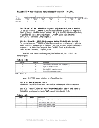 Microcontrolador AT90S8515
Registrador A de Controle do Temporizador/Contador1 – TCCR1A
Bits 7,6 – COM1A1, COM1A0: Compare Output Mode1A, bits 1 and 0 –
Os bits de controle COM1A1 e COM1A0 determinam qual a ação no pino de
saída quando o valor do Timer/Counter1 for igual ao valor de comparação no
registrador de Saída de Comparação – OCR1A. Essa ação afetará o
pino OC1A – Saída de Comparação A.
Bits 5,4 - COM1B1, COM1B0: Compare Output Mode1B, bits 1 and 0 –
Os bits de controle COM1B1 e COM1B0 determinam qual a ação no pino de
saída quando o valor do Timer/Counter1 for igual ao valor de comparação no
registrador de Saída de Comparação – OCR1B. Essa ação afetará o
pino OC1B – Saída de Comparação B.
A tabela 15-6 mostra as configurações desses bits para o modo de
comparação:
Tabela 15-6:
No modo PWM, estes bits tem funções diferentes.
Bits 3..2 – Res: Reserved bits –
Esses bits são reservados no AT90S8515 e são sempre lidos como zero.
Bits 1..0 – PWM11,PWM10: Pulse Width Modulator Select Bits 1 and 0 –
Esses bits selecionam o modo PWM, conforme a tabela 15-7.
Tabela 15-7:
FACENS ELETRÔNICA II Prof. Sidney José Montebeller 160
 