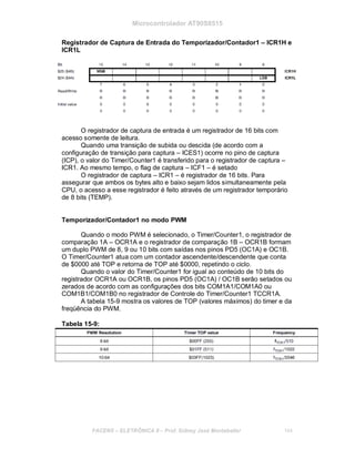 Microcontrolador AT90S8515
Registrador de Captura de Entrada do Temporizador/Contador1 – ICR1H e
ICR1L
O registrador de captura de entrada é um registrador de 16 bits com
acesso somente de leitura.
Quando uma transição de subida ou descida (de acordo com a
configuração de transição para captura – ICES1) ocorre no pino de captura
(ICP), o valor do Timer/Counter1 é transferido para o registrador de captura –
ICR1. Ao mesmo tempo, o flag de captura – ICF1 – é setado
O registrador de captura – ICR1 – é registrador de 16 bits. Para
assegurar que ambos os bytes alto e baixo sejam lidos simultaneamente pela
CPU, o acesso a esse registrador é feito através de um registrador temporário
de 8 bits (TEMP).
Temporizador/Contador1 no modo PWM
Quando o modo PWM é selecionado, o Timer/Counter1, o registrador de
comparação 1A – OCR1A e o registrador de comparação 1B – OCR1B formam
um duplo PWM de 8, 9 ou 10 bits com saídas nos pinos PD5 (OC1A) e OC1B.
O Timer/Counter1 atua com um contador ascendente/descendente que conta
de $0000 até TOP e retorna de TOP até $0000, repetindo o ciclo.
Quando o valor do Timer/Counter1 for igual ao conteúdo de 10 bits do
registrador OCR1A ou OCR1B, os pinos PD5 (OC1A) / OC1B serão setados ou
zerados de acordo com as configurações dos bits COM1A1/COM1A0 ou
COM1B1/COM1B0 no registrador de Controle do Timer/Counter1 TCCR1A.
A tabela 15-9 mostra os valores de TOP (valores máximos) do timer e da
freqüência do PWM.
Tabela 15-9:
FACENS ELETRÔNICA II Prof. Sidney José Montebeller 164
 