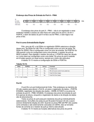 Microcontrolador AT90S8515
Endereço dos Pinos de Entrada do Port A – PINA
O endereço dos pinos do port A – PINA – não é um registrador e esse
endereço habilita o acesso ao valor físico em cada pino do port A. Ao ler o
PORTA, o latch de dados do port A é lido e ao ler PINA, o valor lógico nos
pinos é lido.
Port A como Entrada/Saída Digital
PAn, pino de I/O: o bit DDAn no registrador DDRA seleciona a direção
desse pino. Se DDAn for UM, PAn é configurado como um pino de saída. Se
DDAn for ZERO, PAn é configurado como um pino de entrada. Se PORTAn for
UM quando o pino foi configurado como uma entrada, o resistor de pull-up
MOS é ativado. Para desligar o resistor de pull-up, o PORTAn deve ser zerado
ou o pino deve ser configurado como uma saída. Os pinos do port A estarão
em tri-state quando um reset ocorre, sempre se o clock não está ativo.
A tabela 15-13 mostra a configuração de DDAn e PORTAn.
Tabela 15-13:
Port B
O port B é um port bidirecional de 8 bits. Três endereços na memória de
I/O são usados para alocar o Port B, um para o registrador de dados – PORTB,
$18($38), registrador de direção dos dados – DDRB, $17($37) e os pinos de
entrada do port B – PINB, $16($36). O endereço dos pinos de entrada do port
B é apenas de leitura, enquanto o registrador de dados e de direção de dados
são de leitura/escrita.
Todos os pinos do port possuem resistores de pull-up individualmente
selecionáveis. Os buffers de saída do port B podem fornecer 20 mA e assim
acionar diretamente display de LED. Quando os pinos PB0 até PB7 são usados
como entradas e são externamente colocadas em ZERO, elas se tornarão
fontes de corrente se o resistor de pull-up interno está ativado.
A tabela 15-14 mostra as funções alternativas dos pinos do port B.
FACENS ELETRÔNICA II Prof. Sidney José Montebeller 180
 