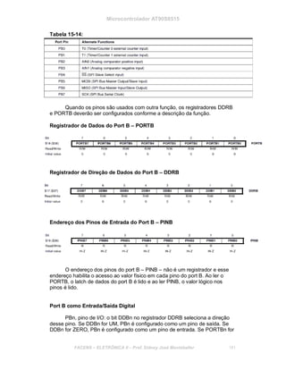 Microcontrolador AT90S8515
Tabela 15-14:
Quando os pinos são usados com outra função, os registradores DDRB
e PORTB deverão ser configurados conforme a descrição da função.
Registrador de Dados do Port B – PORTB
Registrador de Direção de Dados do Port B – DDRB
Endereço dos Pinos de Entrada do Port B – PINB
O endereço dos pinos do port B – PINB – não é um registrador e esse
endereço habilita o acesso ao valor físico em cada pino do port B. Ao ler o
PORTB, o latch de dados do port B é lido e ao ler PINB, o valor lógico nos
pinos é lido.
Port B como Entrada/Saída Digital
PBn, pino de I/O: o bit DDBn no registrador DDRB seleciona a direção
desse pino. Se DDBn for UM, PBn é configurado como um pino de saída. Se
DDBn for ZERO, PBn é configurado como um pino de entrada. Se PORTBn for
FACENS ELETRÔNICA II Prof. Sidney José Montebeller 181
 