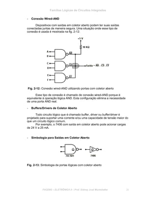 Famílias Lógicas de Circuitos Integrados
- Conexão Wired-AND
Dispositivos com saídas em coletor aberto podem ter suas saídas
conectadas juntas de maneira segura. Uma situação onde esse tipo de
conexão é usada é mostrada na fig. 2-12:
Fig. 2-12: Conexão wired-AND utilizando portas com coletor aberto
Esse tipo de conexão é chamado de conexão wired-AND porque é
equivalente à operação lógica AND. Esta configuração elimina a necessidade
de uma porta AND real.
- Buffers/Drivers de Coletor Aberto
Todo circuito lógico que é chamado buffer, driver ou buffer/driver é
projetado para suportar uma corrente e/ou uma capacidade de tensão maior do
que um circuito lógico comum.
Por exemplo, o 7406 com saída em coletor aberto pode acionar cargas
de 24 V a 25 mA.
- Simbologia para Saídas em Coletor Aberto
Fig. 2-13: Simbologia de portas lógicas com coletor aberto
FACENS ELETRÔNICA II Prof. Sidney José Montebeller 25
 