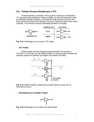 Famílias Lógicas de Circuitos Integrados
2.9- Tristate (Terceiro Estado) para o TTL
O terceiro estado, ou tristate, ocorre quando a saída de um dispositivo
TTL apresenta alta impedância. Nessa condição, os dois transistores de saída
do dispositivo estarão cortados e o terminal de saída não terá nível alto nem
baixo (saída fica praticamente aberta). Para que o dispositivo lógico entre nesta
condição, uma entrada chamada Habilitação (Enable) é acionada.
Fig. 2-14: Simbologia de um inversor TTL tristate
- CIs Tristate
Existem vários circuitos integrados lógicos tristate. Por exemplo, o
74LS125 e o 74LS126, que são buffers tristate. Os circuitos lógicos tristate são
bastante usados em sistemas que utilizam barramento de dados.
Fig. 2-15: Buffers tristates usados para conectar diversos sinais em um
barramento comum
- Simbologia para as Saídas Tristate
Fig. 2-16: Simbologia de um buffer com saída tristate
FACENS ELETRÔNICA II Prof. Sidney José Montebeller 26
 