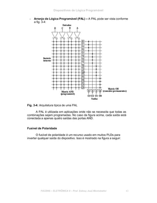 Dispositivos de Lógica Programável
- Arranjo de Lógica Programável (PAL) – A PAL pode ser vista conforme
a fig. 3-4:
Fig. 3-4: Arquitetura típica de uma PAL
A PAL é utilizada em aplicações onde não se necessita que todas as
combinações sejam programadas. No caso da figura acima, cada saída está
conectada a apenas quatro saídas das portas AND.
Fusível de Polaridade
O fusível de polaridade é um recurso usado em muitos PLDs para
inverter qualquer saída do dispositivo. Isso é mostrado na figura a seguir:
FACENS ELETRÔNICA II Prof. Sidney José Montebeller 43
 
