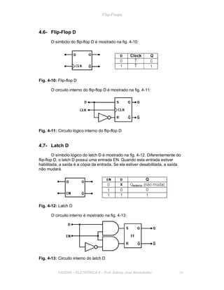 Flip-Flops
4.6- Flip-Flop D
O símbolo do flip-flop D é mostrado na fig. 4-10:
Fig. 4-10: Flip-flop D
O circuito interno do flip-flop D é mostrado na fig. 4-11:
Fig. 4-11: Circuito lógico interno do flip-flop D
4.7- Latch D
O símbolo lógico do latch D é mostrado na fig. 4-12. Diferentemente do
flip-flop D, o latch D possui uma entrada EN. Quando esta entrada estiver
habilitada, a saída é a cópia da entrada. Se ela estiver desabilitada, a saída
não mudará.
Fig. 4-12: Latch D
O circuito interno é mostrado na fig. 4-13:
Fig. 4-13: Circuito interno do latch D
FACENS ELETRÔNICA II Prof. Sidney José Montebeller 50
 