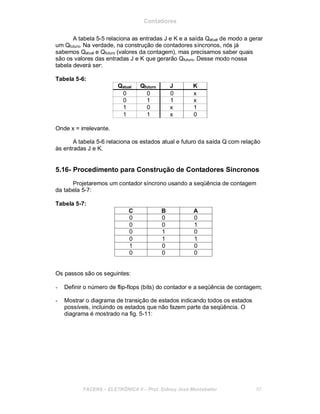 Contadores
A tabela 5-5 relaciona as entradas J e K e a saída Qatual de modo a gerar
um Qfuturo. Na verdade, na construção de contadores síncronos, nós já
sabemos Qatual e Qfuturo (valores da contagem), mas precisamos saber quais
são os valores das entradas J e K que gerarão Qfuturo. Desse modo nossa
tabela deverá ser:
Tabela 5-6:
Qatual Qfuturo J K
0 0 0 x
0 1 1 x
1 0 x 1
1 1 x 0
Onde x = irrelevante.
A tabela 5-6 relaciona os estados atual e futuro da saída Q com relação
às entradas J e K.
5.16- Procedimento para Construção de Contadores Síncronos
Projetaremos um contador síncrono usando a seqüência de contagem
da tabela 5-7:
Tabela 5-7:
C B A
0 0 0
0 0 1
0 1 0
0 1 1
1 0 0
0 0 0
Os passos são os seguintes:
- Definir o número de flip-flops (bits) do contador e a seqüência de contagem;
- Mostrar o diagrama de transição de estados indicando todos os estados
possíveis, incluindo os estados que não fazem parte da seqüência. O
diagrama é mostrado na fig. 5-11:
FACENS ELETRÔNICA II Prof. Sidney José Montebeller 67
 