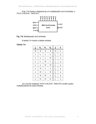 Decodificadores, Codificadores, Multiplexadores e Demultiplexadores
A fig. 7-6 mostra o diagrama de um multiplexador com 8 entradas, o
74151 (74LS151, 74HC151):
Fig. 7-6: Multiplexador de 8 entradas
A tabela 7-4 mostra a tabela verdade.
Tabela 7-4:
E S S S2 1 0 Z Z
H X X X H L
L L L L
L L L H
L L H L
L L H H
L H L L
L H L H
L H H L
L H H H
I 0I0
I 1I1
I 2I2
I 3I3
I 4I4
I 5I5
I 6I6
I 7I7
Já o circuito integrado 74157 (74LS157, 74HC157) contém quatro
multiplexadores de duas entradas.
FACENS ELETRÔNICA II Prof. Sidney José Montebeller 79
 