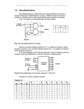 Decodificadores, Codificadores, Multiplexadores e Demultiplexadores
7.4- Demultiplexadores
Demultiplexadores ou distribuidores de dados (DEMUX) executam a
função inversa dos multiplexadores, ou seja, o DEMUX recebe uma única
entrada e a distribui para a saída determinada pelas entradas de seleção.
A fig. 7-8 mostra um demultiplexador de duas saídas:
Fig. 7-8: Demultiplexador de 2 saídas
Quando a entrada Seleção estiver em “0”, os dados da entrada I serão
levados à saída O0. Se a entrada Seleção estiver em “1”, os dados da entrada I
serão levados à saída O1.
O circuito integrados 74LS138 (decodificador 3 para 8) também pode ser
utilizado como demultiplexador, conforme a figura e a tabela abaixo:
Fig.7-9: Demultiplexador de 8 saídas utilizando o 74LS138
A tabela 7-5 mostra a tabela verdade.
Tabela 7-5:
OO O O O O O O
A2 A1 A0
7 6 5
34 2 1 0
0 0 0 1 1 1 1 1 1 1 I
0 0 1 1 1 1 1 1 1 I 1
0 1 0 1 1 1 1 1 I 1 1
0 1 1 1 1 1 1 I 1 1 1
1 0 0 1 1 1 I 1 1 1 1
1 0 1 1 1 I 1 1 1 1 1
1 1 0 1 I 1 1 1 1 1 1
1 1 1 I 1 1 1 1 1 1 1
FACENS ELETRÔNICA II Prof. Sidney José Montebeller 81
 