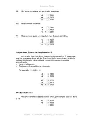 Aritmética Digital
III) Um número positivo e um outro maior e negativo:
-9 1 0111
+4 0 0100
-5 1 1011
IV) Dois números negativos:
-9 1 0111
-4 1 1100
-13 1 1 0011
V) Dois números iguais em magnitude mas de sinais contrários:
+9 0 1001
-9 1 0111
0 1 0 0000
Subtração no Sistema de Complemento a 2
A operação de subtração no sistema de complemento a 2, na verdade,
envolve uma operação de adição. Quando subtraímos um número binário (o
subtraendo) de outro número binário (minuendo), usamos o seguinte
procedimento:
- Negar o subtraendo.
- Adicionar o número obtido ao minuendo.
Por exemplo, +9 – (+4) = +5
+9 0 1001
+4 0 0100
+9 0 1001
-4 1 1100
+5 1 0 0101
Overflow Aritmético
e +8:
O overflow aritmético ocorre quando temos, por exemplo, a adição de +9
+9 0 1001
+8 0 1000
1 0001
FACENS ELETRÔNICA II Prof. Sidney José Montebeller 87
 