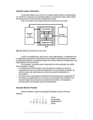 Aritmética Digital
Unidade Lógica e Aritmética
O principal objetivo de uma ULA é aceitar dados binários armazenados
na memória e executar as operações lógicas e aritméticas sobre estes dados
de acordo com as instruções da unidade de controle.
A fig. 8-3 mostra os principais blocos funcionais de uma ULA:
Fig. 8-3: Blocos funcionais de uma ULA
A ULA é constituída de, pelo menos, dois registradores: o registrador B e
o registrador acumulador. Ela também possui lógica combinacional que realiza
as operações lógicas e aritméticas sobre os números binários armazenados nos
registradores B e acumulador.
Por exemplo, os passos para a execução de uma operação de adição
são mostrados a seguir:
- A unidade de controle recebe uma instrução da unidade de memória
especificando que um número armazenado em uma posição particular de
memória deve ser adicionado ao número que está armazenado na
acumulador;
- O número a ser adicionado é transferido da memória para o registrador B;
- O número no registrador B e o número no acumulador são somados nos
circuitos lógicos (ao comando da unidade de controle). O resultado é
enviado para o acumulador para ser armazenado.
Somador Binário Paralelo
Vamos analisar a seguinte operação de adição de dois números
binários:
1 1 1
Carry
1 0 1 0 1 Acumulador
+ 0 0 1 1 1 Registrador B
1 1 1 0 0 Soma
FACENS ELETRÔNICA II Prof. Sidney José Montebeller 91
 