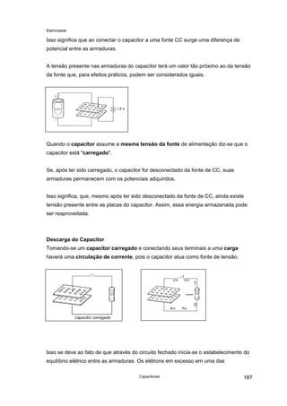 Eletricidade

Isso significa que ao conectar o capacitor a uma fonte CC surge uma diferença de
potencial entre as armaduras.
A tensão presente nas armaduras do capacitor terá um valor tão próximo ao da tensão
da fonte que, para efeitos práticos, podem ser considerados iguais.

1,5 V

Quando o capacitor assume a mesma tensão da fonte de alimentação diz-se que o
capacitor está "carregado".
Se, após ter sido carregado, o capacitor for desconectado da fonte de CC, suas
armaduras permanecem com os potenciais adquiridos.
Isso significa, que, mesmo após ter sido desconectado da fonte de CC, ainda existe
tensão presente entre as placas do capacitor. Assim, essa energia armazenada pode
ser reaproveitada.

Descarga do Capacitor
Tomando-se um capacitor carregado e conectando seus terminais a uma carga
haverá uma circulação de corrente, pois o capacitor atua como fonte de tensão.

capacitor carregado

Isso se deve ao fato de que através do circuito fechado inicia-se o estabelecimento do
equilíbrio elétrico entre as armaduras. Os elétrons em excesso em uma das
Capacitores

187

 