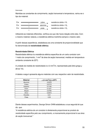 Eletricidade

Mantidas as constantes de comprimento, seção transversal e temperatura, variou-se o
tipo de material:
S•

L

S•

L

S•

cobre

resistência obtida = R1

alumínio

resistência obtida = R2

prata

resistência obtida = R3

L

Utilizando-se materiais diferentes, verificou-se que não havia relação entre eles. Com
o mesmo material, todavia, a resistência elétrica mantinha sempre o mesmo valor.
A partir dessas experiência, estabeleceu-se uma constante de proporcionalidade que
foi denominada de resistividade elétrica.
Resistividade Elétrica
Resistividade elétrica é a resistência elétrica específica de um certo condutor com
1 metro de comprimento, 1 mm2 de área de seção transversal, medida em temperatura
ambiente constante de 20oC.
2

A unidade de medida de resistividade é o Ω mm /m, representada pela letra grega ρ
(lê-se “rô).
A tabela a seguir apresenta alguns materiais com seu respectivo valor de resistividade.
2

o

Material

ρ (Ω mm /m) a 20 C

Alumínio
Cobre
Estanho
Ferro
Níquel
Zinco
Chumbo

0,0278
0,0173
0,1195
0,1221
0,0780
0,0615
0,21

Prata

0,30

Diante desses experimentos, George Simon OHM estabeleceu a sua segunda lei que
diz que:
“A resistência elétrica de um condutor é diretamente proporcional ao produto da
resistividade específica pelo seu comprimento, e inversamente proporcional à sua área
de seção transversal.”

Resistência Elétrica

55

 
