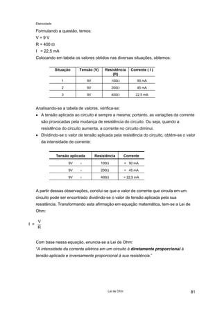 Eletricidade

Formulando a questão, temos:
V=9V
R = 400 Ω
I = 22,5 mA
Colocando em tabela os valores obtidos nas diversas situações, obtemos:
Situação

Tensão (V)

Resistência
(R)

Corrente ( I )

1

9V

100Ω

90 mA

2

9V

200Ω

45 mA

3

9V

400Ω

22,5 mA

Analisando-se a tabela de valores, verifica-se:
• A tensão aplicada ao circuito é sempre a mesma; portanto, as variações da corrente
são provocadas pela mudança de resistência do circuito. Ou seja, quando a
resistência do circuito aumenta, a corrente no circuito diminui.
• Dividindo-se o valor de tensão aplicada pela resistência do circuito, obtém-se o valor
da intensidade de corrente:
Tensão aplicada

Resistência

Corrente

9V

÷

100Ω

= 90 mA

9V

÷

200Ω

= 45 mA

9V

÷

400Ω

= 22,5 mA

A partir dessas observações, conclui-se que o valor de corrente que circula em um
circuito pode ser encontrado dividindo-se o valor de tensão aplicada pela sua
resistência. Transformando esta afirmação em equação matemática, tem-se a Lei de
Ohm:
I =

V
R

Com base nessa equação, enuncia-se a Lei de Ohm:
“A intensidade da corrente elétrica em um circuito é diretamente proporcional à
tensão aplicada e inversamente proporcional à sua resistência.”

Lei de Ohm

81

 